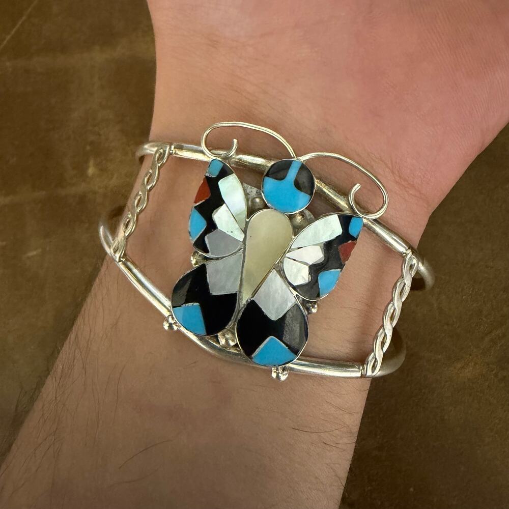 Zuni Inlay Butterfly Sterling Silver Cuff Bracelet Allison Dishta